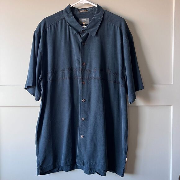 Quiksilver Waterman Collection Shirt Mens XL Black Tahiti Palms Hawaiian Button - Picture 1 of 12